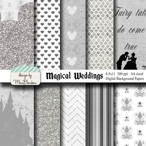 Magical Wedding Themed 8.5x11 A4 Digital Paper Backgrounds for Digital Scrapbooking - Cinderella - INSTANT DOWNLOAD -