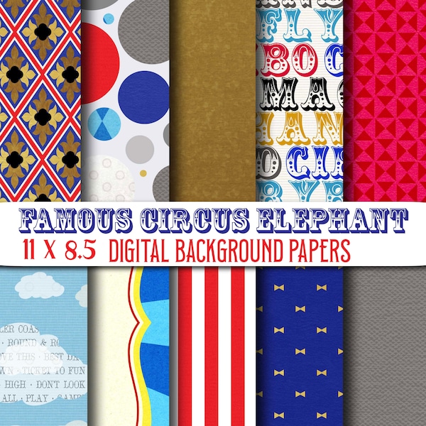 Famous Flying Elephant -  Storybook Circus Inspired Digital Paper Backgrounds Pack - 11x8.5inches Horizontal  - INSTANT DOWNLOAD