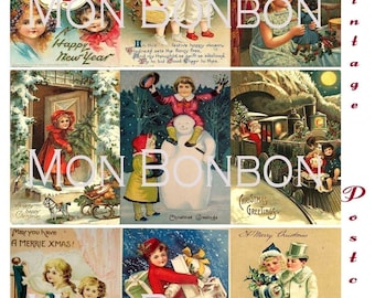 May include: Nine vintage Christmas postcards featuring children, winter scenes, and holiday greetings. The postcards are printed in color and have a variety of designs, including a snowman, a train, and a Christmas tree.