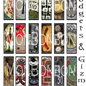 Puede incluir: Un collage de 12 imágenes de estilo vintage con relojes, medidores y otros elementos mecánicos. Las imágenes están dispuestas en una cuadrícula y tienen un aspecto desgastado y envejecido. El texto "Gadgets & Gizmos" aparece en el lado derecho de la imagen.