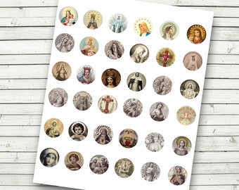 Vintage Religious Sacred Heart 1 inch Cirles Digital Clipart Sheet - DIY - Print at Home - Bottlecaps Cabachons - INSTANT DOWNLOAD