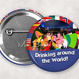 May include: A blue button with a white border and the text "Drinking around the World!"  The button features a cartoon image of three characters from Alice in Wonderland drinking tea. The background is a collage of flags from different countries.
