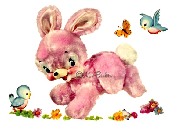 Cute Retro Pink Bunny Clip Art Illustration .PnG and .JPG - DiY Printable - INSTANT DOWNLOAD