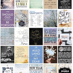 May include: A collage of images with inspirational quotes and messages for the new year. The images include a variety of colors and styles, including a light blue background with the text "Auld Lang Syne" and a dark background with the text "This is the year I will be stronger, braver, kinder, unstoppable, and fierce."