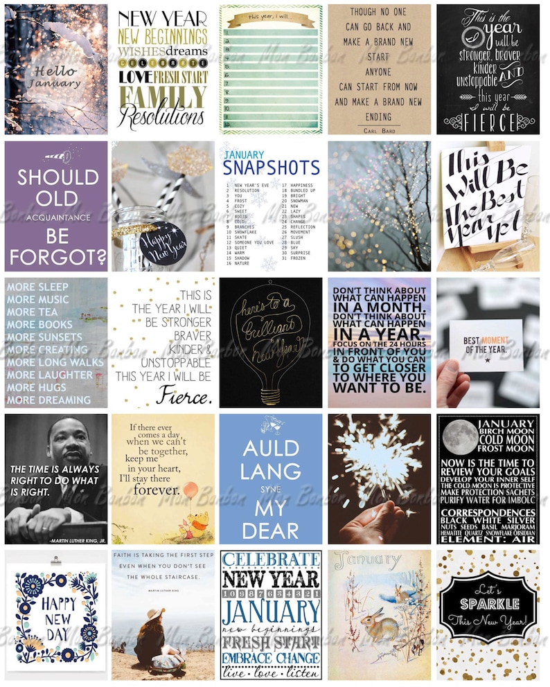 Pode incluir: Uma colagem de imagens com cita&ccedil;&otilde;es e mensagens inspiradoras para o novo ano. As imagens incluem uma variedade de cores e estilos, incluindo um fundo azul claro com o texto "Auld Lang Syne" e um fundo escuro com o texto "Este &eacute; o ano em que serei mais forte, mais corajoso, mais gentil, impar&aacute;vel e feroz."