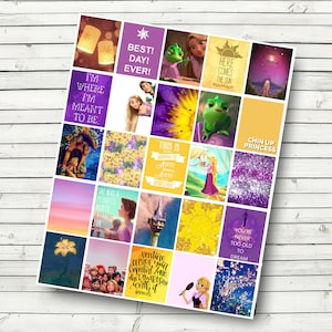 May include: A set of 16 digital stickers featuring characters and quotes from the Disney movie Tangled. The stickers are in a grid pattern and feature a purple, yellow, and pink color scheme. The stickers include images of Rapunzel, Flynn Rider, Pascal the chameleon, and the sun.