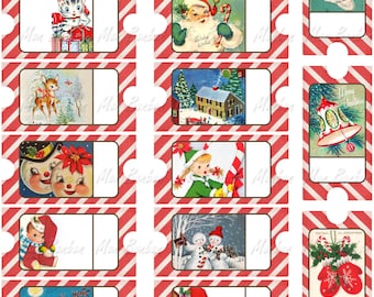 May include: A set of 12 printable Christmas gift tags featuring vintage illustrations of Santa Claus, snowmen, reindeer, and other holiday imagery. The tags are designed with a red and white striped background and have a blank space for writing names or messages.