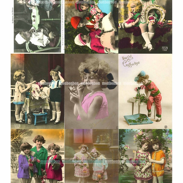 Vintage Kid Postcards Hand Tinted Digital Collage Sheet - INSTANT DOWNLOAD