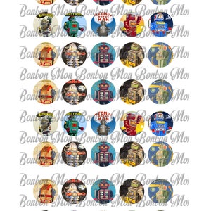 Retro Robots One Inch Circles Digital Download Collage Sheet - DIY You Print - INSTANT DOWNLOAD