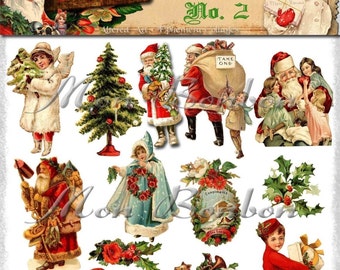 May include: Vintage Christmas digital collage sheet with images of Santa Claus, children, a Christmas tree, and a sleigh. The sheet includes the text "Designs by Ron Bourbon" and "Vintage Christmas No. 2".