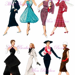 Eight 1950s Fashion-istas Digital Collage Sheet .PNG - DiY Printables - INSTANT DOWNLOAD