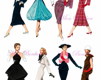 Eight 1950s Fashion-istas Digital Collage Sheet .PNG - DiY Printables - INSTANT DOWNLOAD