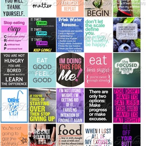 May include: A motivational poster with 16 colorful squares, each containing a different inspirational quote about health, fitness, and mindset. The quotes include phrases like "Drink Water Because...", "Eat Good Feel Good", "You Don't Have To Eat Less, You Just Have To Eat Right", and "When I Lost All Of My Excuses, I Found All My Results".