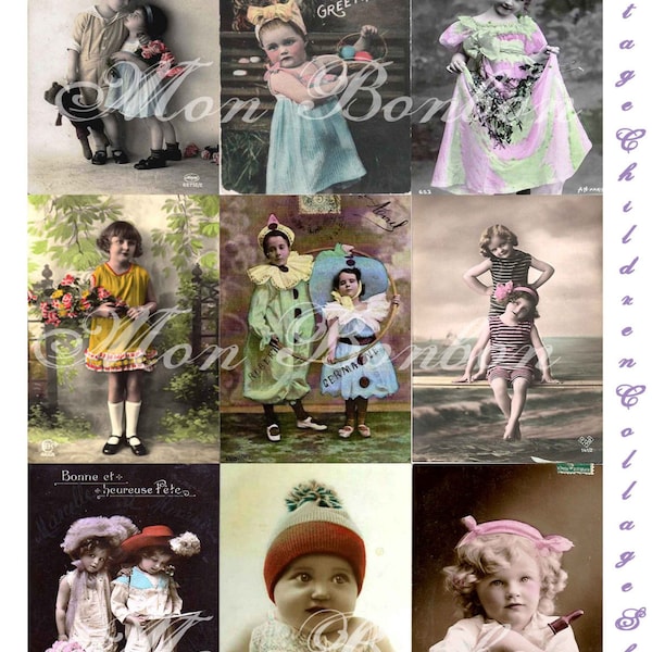 Digital Download of 18 Vintage French Children's Hand Tinted Photos Collage Sheet  Item No. 120 - INSTANT DOWNLOAD