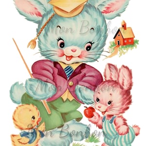 Cute Retro Bunny Teacher Clip Art Illustration .PnG and .JPG - DiY Printable - INSTANT DOWNLOAD