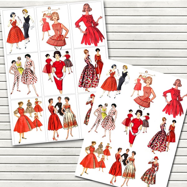 Vintage Ladies in Red Sewing Pattern Clipart Digital Collage Sheet  - Pocket Cards - 2.5x3.5 inches - Retro Tags Clipart - INSTANT DOWNLOAD