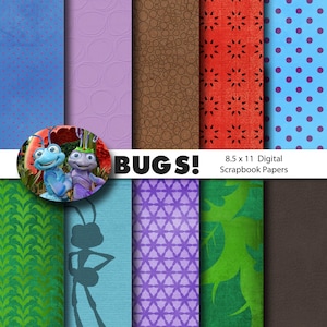 May include: A set of 8.5 x 11 inch digital scrapbook papers featuring a variety of patterns inspired by bugs. The patterns include polka dots, circles, leaves, and geometric designs in shades of blue, green, purple, brown, and red. The title "BUGS!" is displayed in bold, black letters.