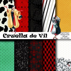 Cruella de Vil Inspired 12x12 Digital Paper Backgrounds for Digital Scrapbooking, Party Supplies, etc - TÉLÉCHARGEMENT INSTANTANÉ