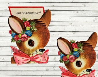 Cute Retro Happy Christmas Deer Vintage Illustration PnG and Jpg- Vintage Kawaii Deer  - DIY Printable - Digital Clip Art - INSTANT DOWNLOAD