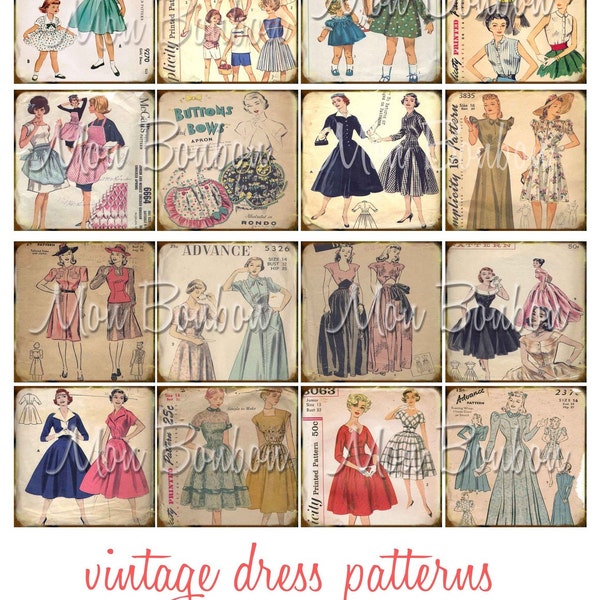 Vintage Sewing Dress Patterns 2x2 Inchies Digital Download Collage Sheet - INSTANT DOWNLOAD