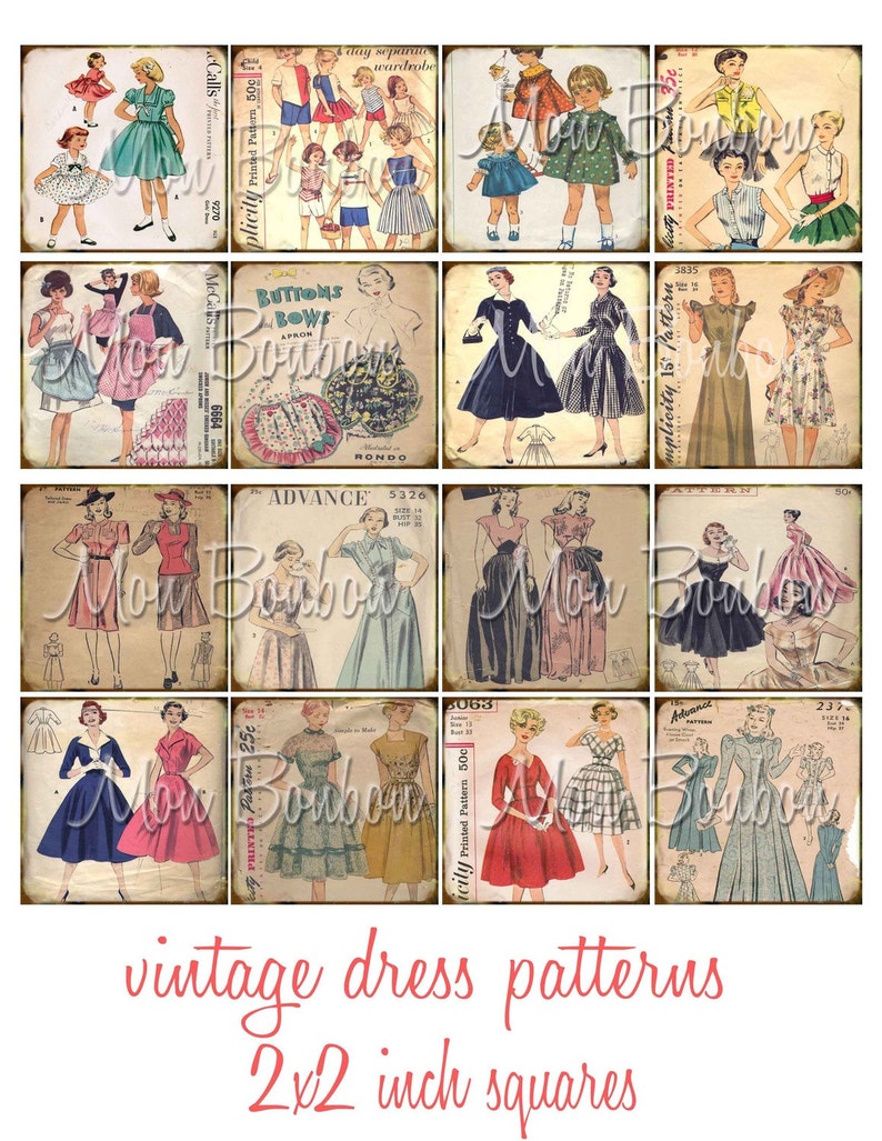 Vintage Sewing Dress Patterns 2x2 Inchies Digital Download Collage Sheet INSTANT DOWNLOAD image 1