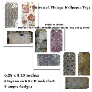 Vintage Distressed Wallpaper Tags - Printable Tags - Shipping Tag Art - Printable Junk Journal Tags - Old Wallpaper Tags - Papercrafts DIY