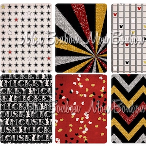 May include: Set of eight 3x4 inch printable digital journal cards featuring a Mickey Mouse theme. The cards feature a variety of patterns including stars, film strips, hearts, and chevron stripes. The patterns are in black, white, red, gold, and silver.