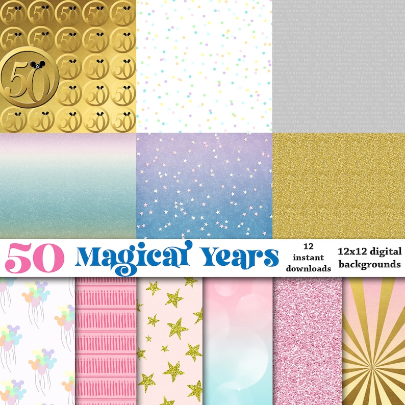 Puede incluir: Doce fondos digitales de 12x12 pulgadas con una variedad de patrones, incluyendo confeti, estrellas, globos, rayas y purpurina. El texto "50 Magical Years" se muestra en el centro de la imagen.