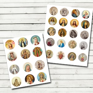Vintage Religious 1.5 inch e 2 inch Circles Collage Sheet per tappi di bottiglia, arte tecnica mista, ecc.  Stampa a casa - Fai da te Madonna Sacro Cuore