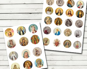 Vintage Religious 1.5 inch and 2 inch Circles Collage Sheet for bottlecaps, mixed media art, etc.  Print at Home - DIY  Sacred Heart Madonna