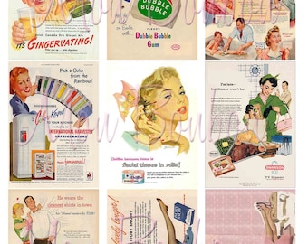 May include: A collage of vintage advertisements. One ad features a boy drinking ginger ale. Another shows a pack of Dubble Bubble gum with Easter bunnies. Other ads promote Ivory Soap, refrigerators, Chiffon tissue, Tide detergent, and Swanson TV dinners.