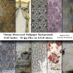 10 Vintage Wallpaper Backgrounds 6x10 inch - Digital Backdrops for Junk Journals, Scrapbooking, Paper Crafts - Distressed Paper Backgrounds