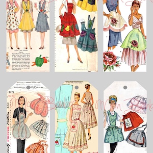 Digital Collage Sheet of Vintage Sewing Pattern Aprons Tags Printable Sheet - INSTANT DOWNLOAD