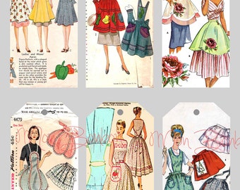 Digital Collage Sheet of Vintage Sewing Pattern Aprons Tags Printable Sheet - INSTANT DOWNLOAD
