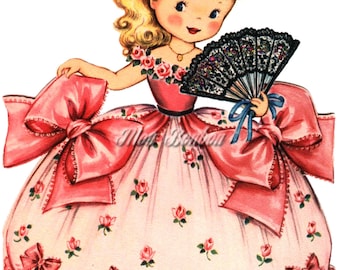 Retro Girl with Pink Rose Dress 5x7 Clip Art Illustration .PnG and .JPG - DiY Printable - INSTANT DOWNLOAD