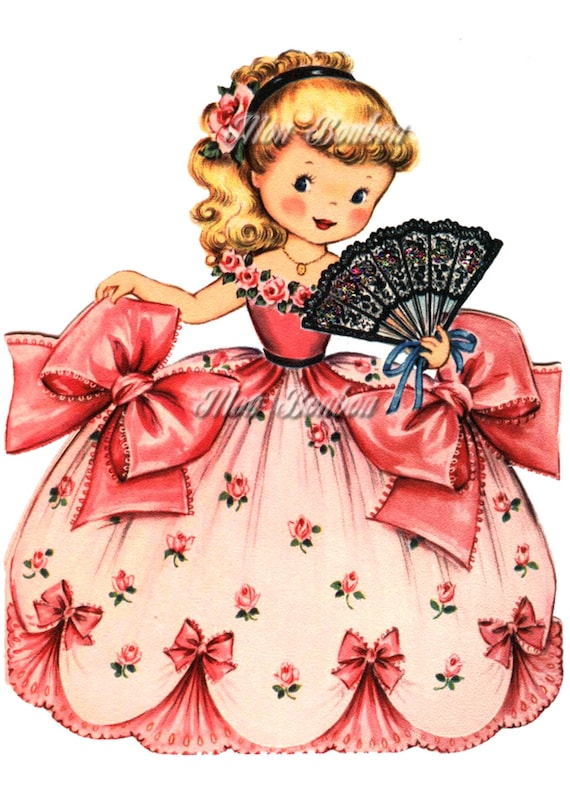 Retro Girl With Pink Rose Dress 5x7 Clip Art Illustration and