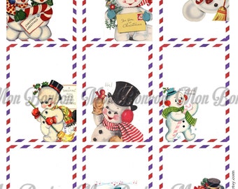 Vintage Retro Snowman Airmail Christmas Tags - DIY Printable - INSTANT DOWNLOAD