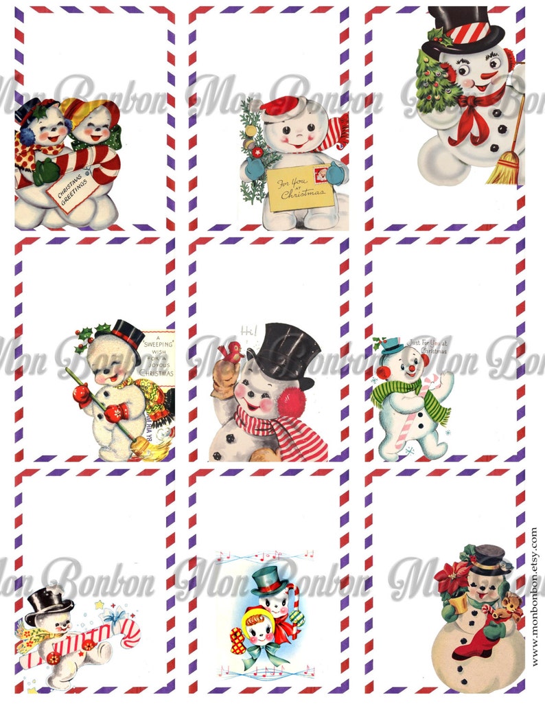 Vintage Retro Snowman Airmail Christmas Tags - DIY Printable - INSTANT ...