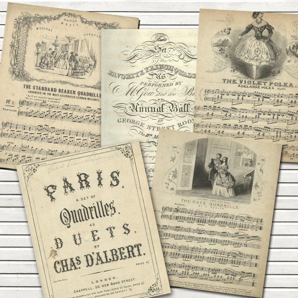 Vintage French Music Sheets Ephemera - French Music Sheets Quadrille - Resized to 8x10 inches - Junk Journal Ephemera - INSTANT DOWNLOAD