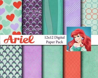 Little Mermaid Ariel Inspired 12x12 Digital Paper Pack para Scrapbooking Digital, Party Supplies, etc -INSTANT DOWNLOAD -