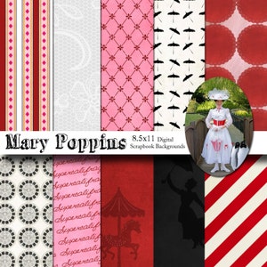 Mary Poppins Inspired 8.5x11 Digital Paper Backgrounds for Digital Scrapbooking, Party Supplies, etc -INSTANT DOWNLOAD -