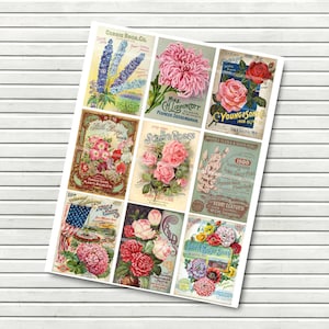 Folha de colagem digital de sementes de flores vintage efêmeras - 2,5 x 3,5 polegadas - Imprimir em casa - Carta de bolso - Junk Journal - Download instantâneo
