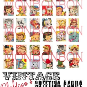 Download digitale 36 biglietti d'auguri retrò vintage per bambini, foglio collage 1x1 pollici - DOWNLOAD IMMEDIATO
