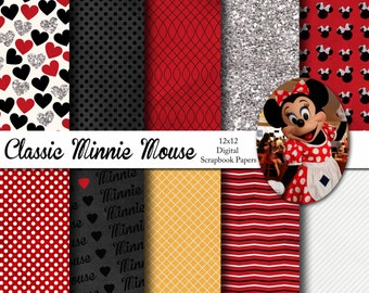 Classic Minnie Mouse Inspired 12x12 Digital Paper Pack for Digital Scrapbooking, Party Supplies, etc -INSTANT DOWNLOAD -