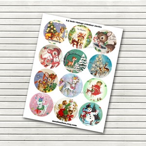 2.5 inch Circles of Vintage Christmas Reindeers for Tags -  Cupcake Toppers - ornaments - Scrapbooking - DIY Printables - INSTANT DOWNLOAD