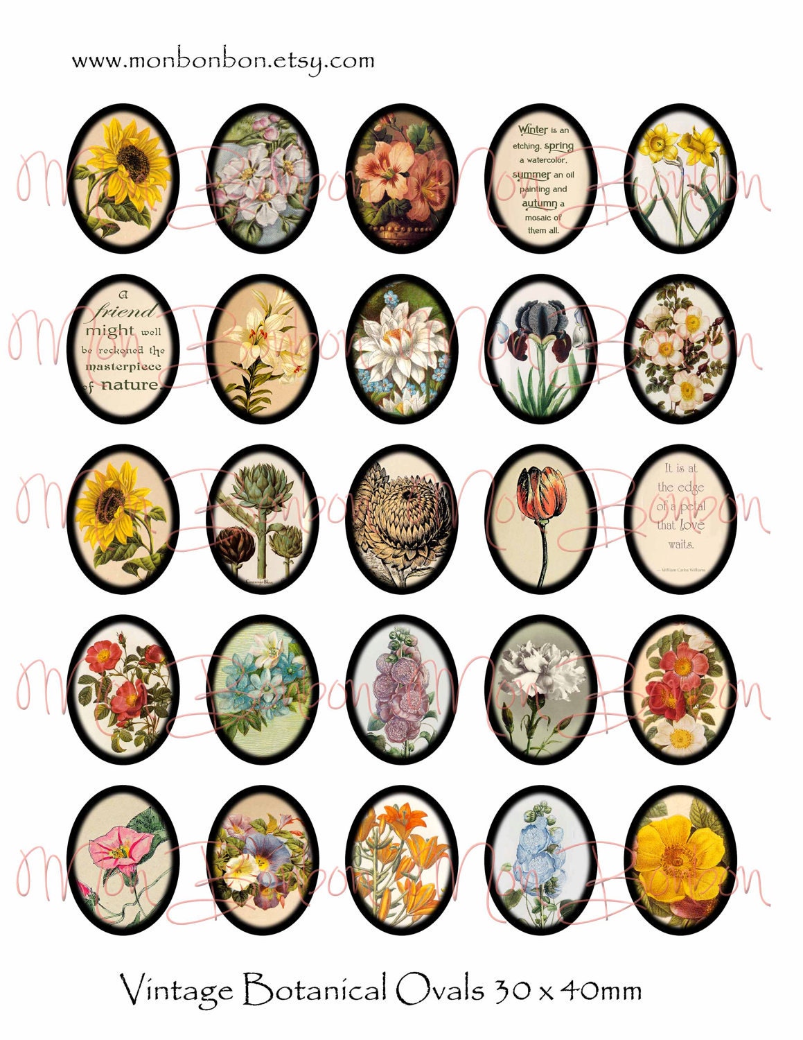 Digital Collage Sheet Download Images for Jewelry Ovals 30x40 mm FLOWERs