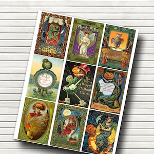 Vintage victorien vert Halloween pochette lettre feuille de collage - prête à imprimer - artisanat étiquettes volantes - rétro Halloween ATC - téléchargement immédiat