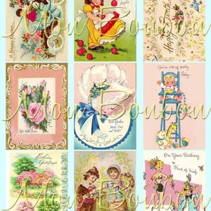 Puede incluir: Un collage de tarjetas de felicitación vintage con varios temas, incluyendo cumpleaños, recuperación y Pascua. Las tarjetas presentan ilustraciones coloridas de niños, flores y animales.