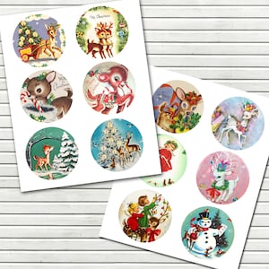 Cerchi da 3 pollici di renne natalizie vintage per etichette - Toppers per cupcake - ornamenti - Scrapbooking - Materiali stampabili fai da te - DOWNLOAD IMMEDIATO
