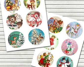 3 inch Circles of Vintage Christmas Reindeers for Tags - Cupcake Toppers - ornaments - Scrapbooking - DIY Printables - INSTANT DOWNLOAD